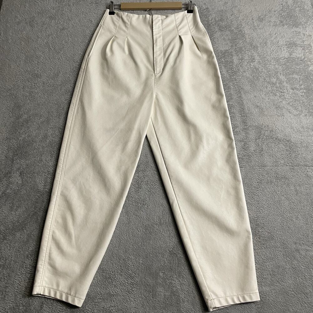 Free People Vegan Leather Pants Women 8 Ivory Barrel Leg Super High Waist 80s